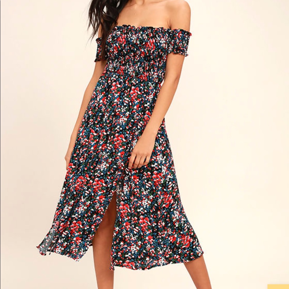 Lulu’s Meadow Black Floral Off-the-Shoulder Dress